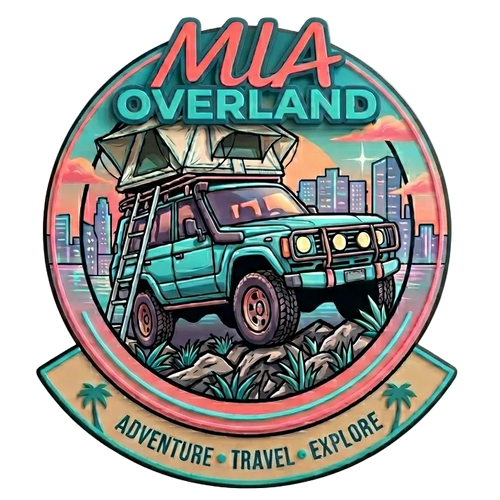 Logo for MIA Overland with an off-road vehicle, cityscape, and nature elements.